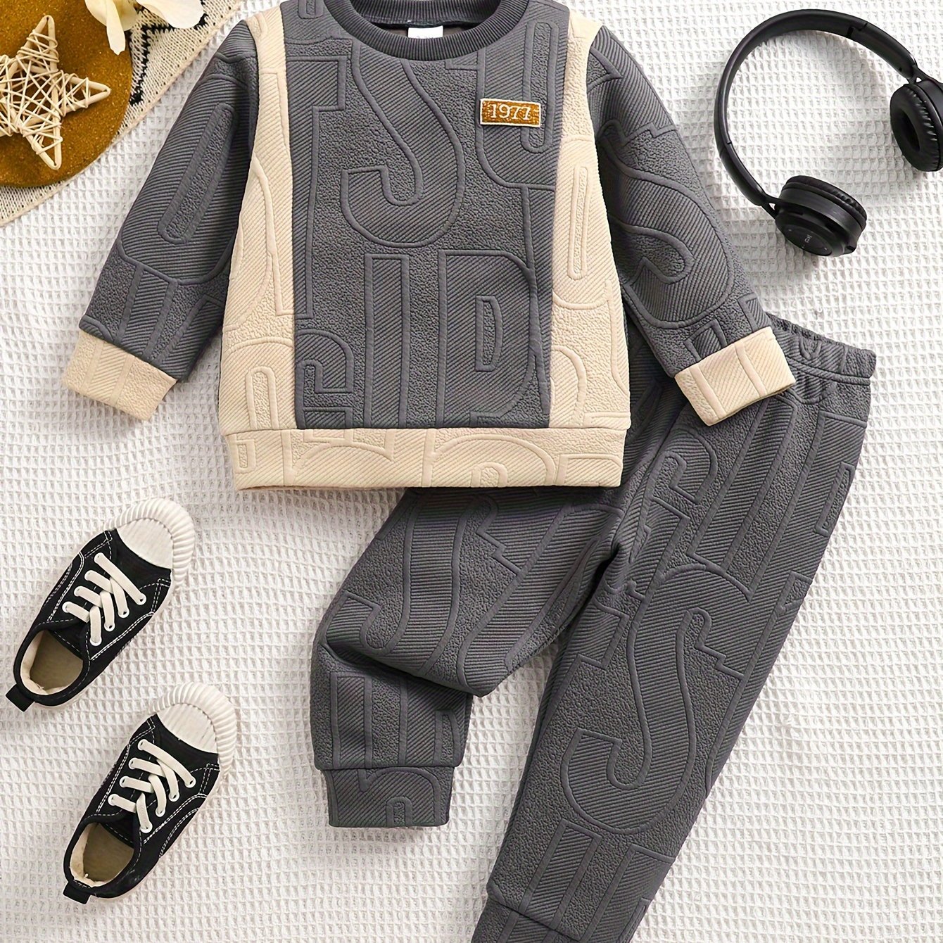 Letter Jacquard Round Neck Top And Long Pants Set, For Outdoor
