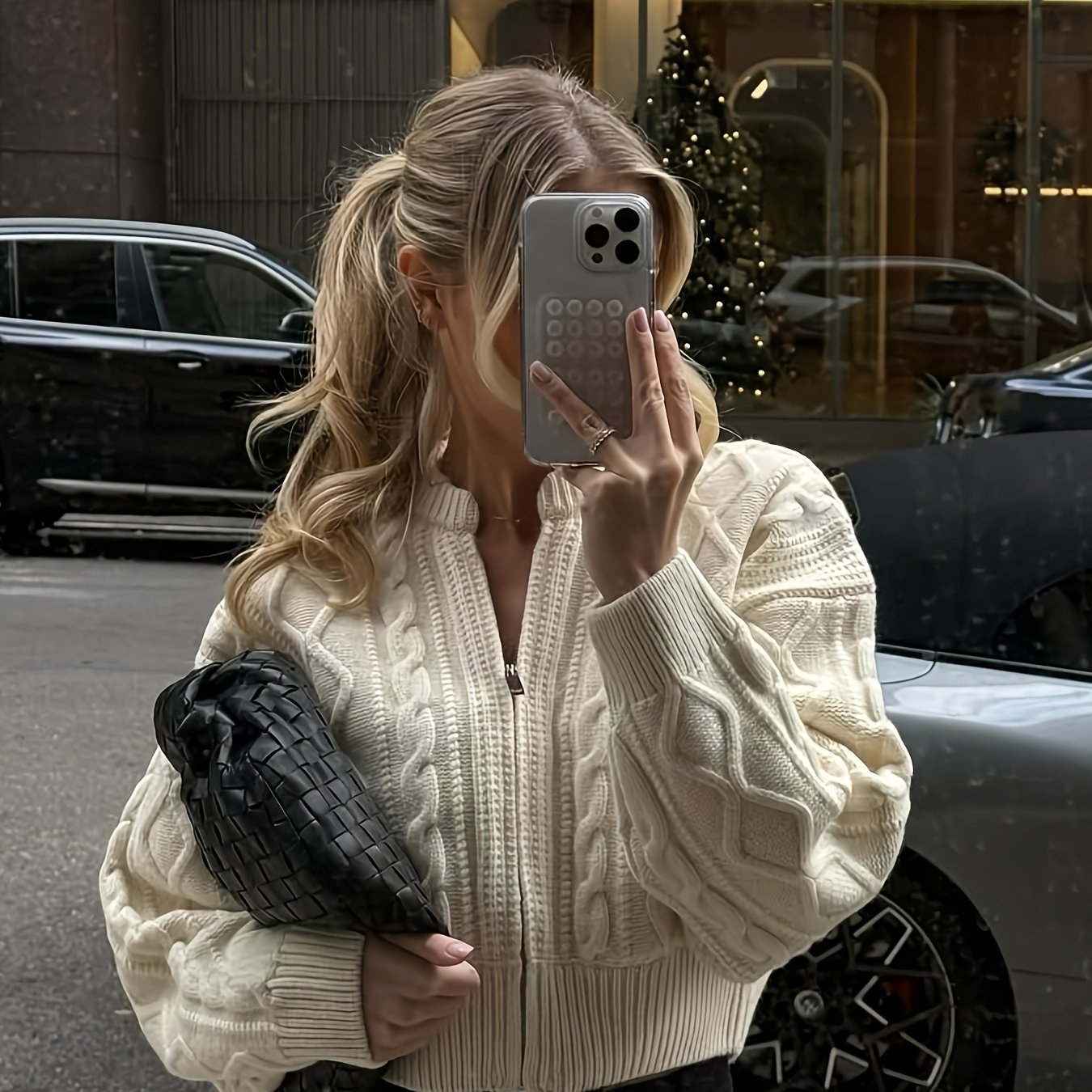 TEMU French Retro Style Autumn Winter Short Length Stand Collar Zipper Jacquard Cable Cardigan Slightly Loose Drop Shoulder Long Sleeve