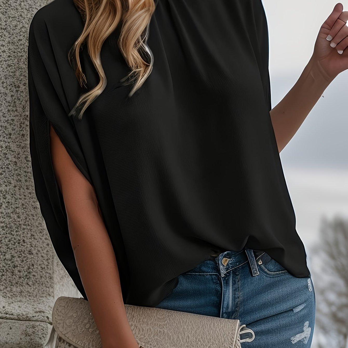 E-shop Elegante Bluse mit Fledermausärmeln - Lockere Passform in Unifarben mit Stehkragen & Rückenbindung, Sommerlich Casual bis Elegant, geeignet für