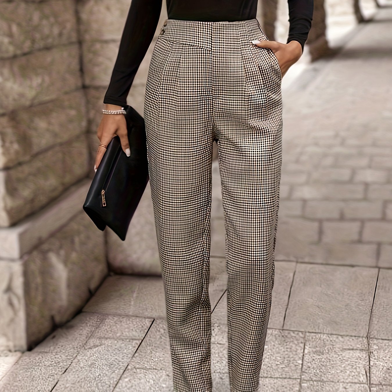 TEMU Women's Elegant High-waisted Slim Straight-leg Pants