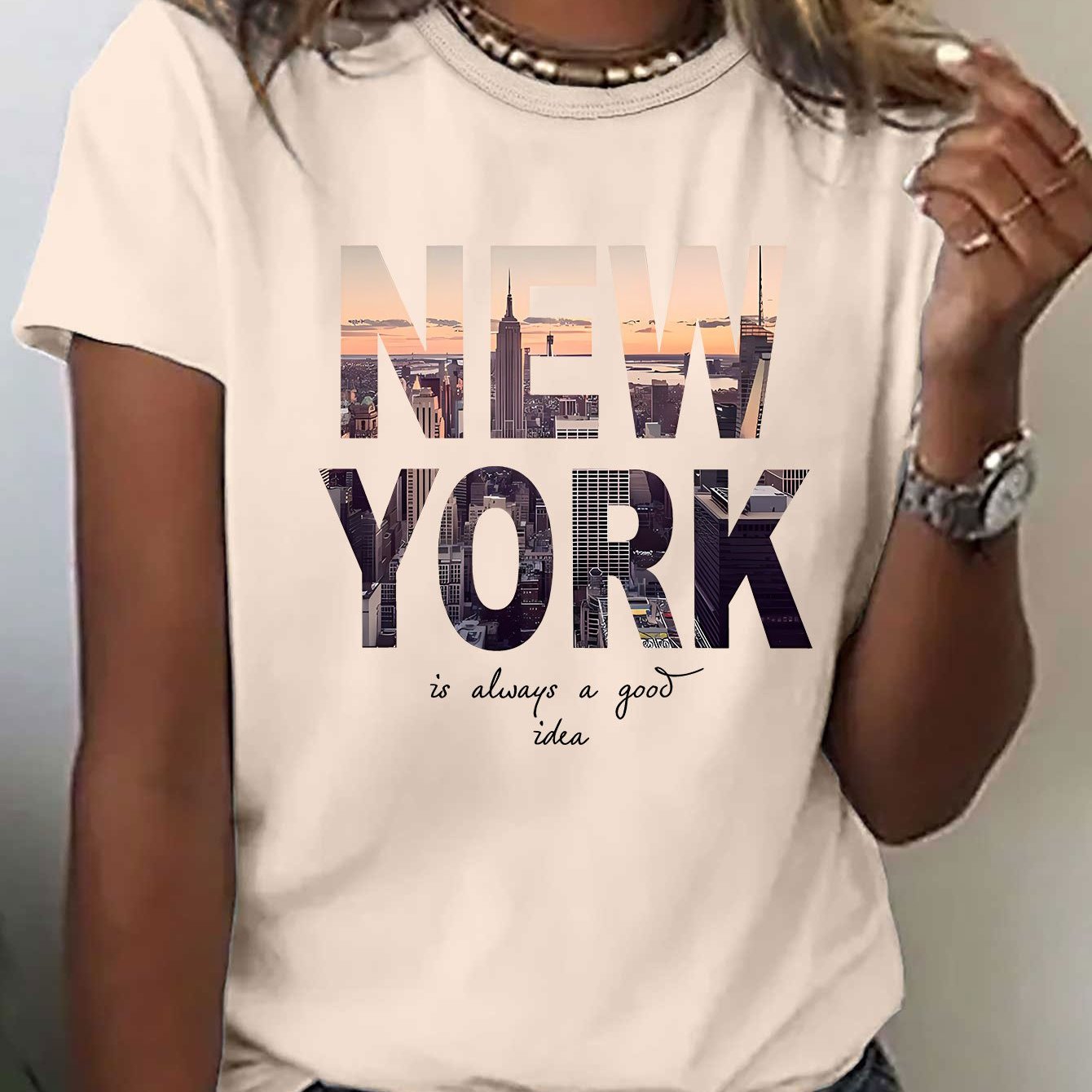 E-shop New -Druck T-Shirt, Sommer- Frühlings-Kurzarm-Shirt mit Rundhalsausschnitt, Damen Casual Top