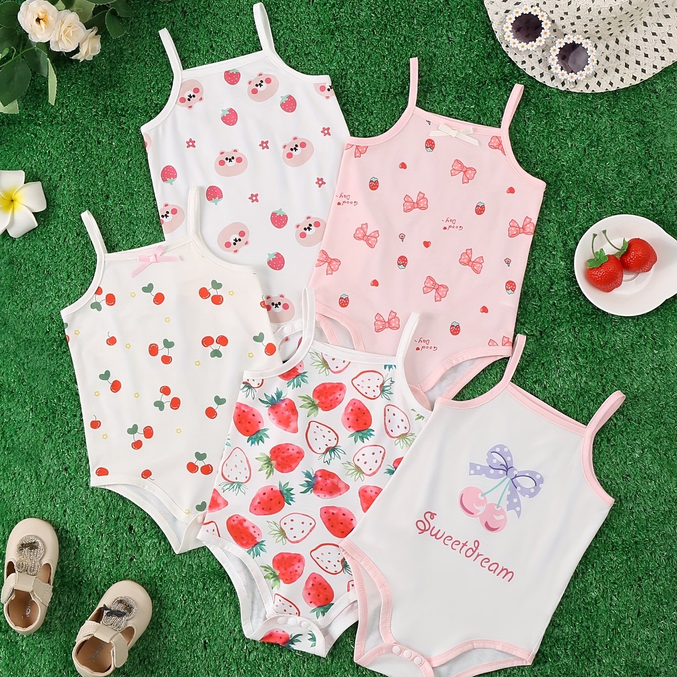 Toddler Girl Spring And , Cute, Daily Comfortable, Cherry Bow + Strawberry Bear + Strawberry Bow, 5pcs Set Suspender Jumpsuit Combination, For Outdoor
