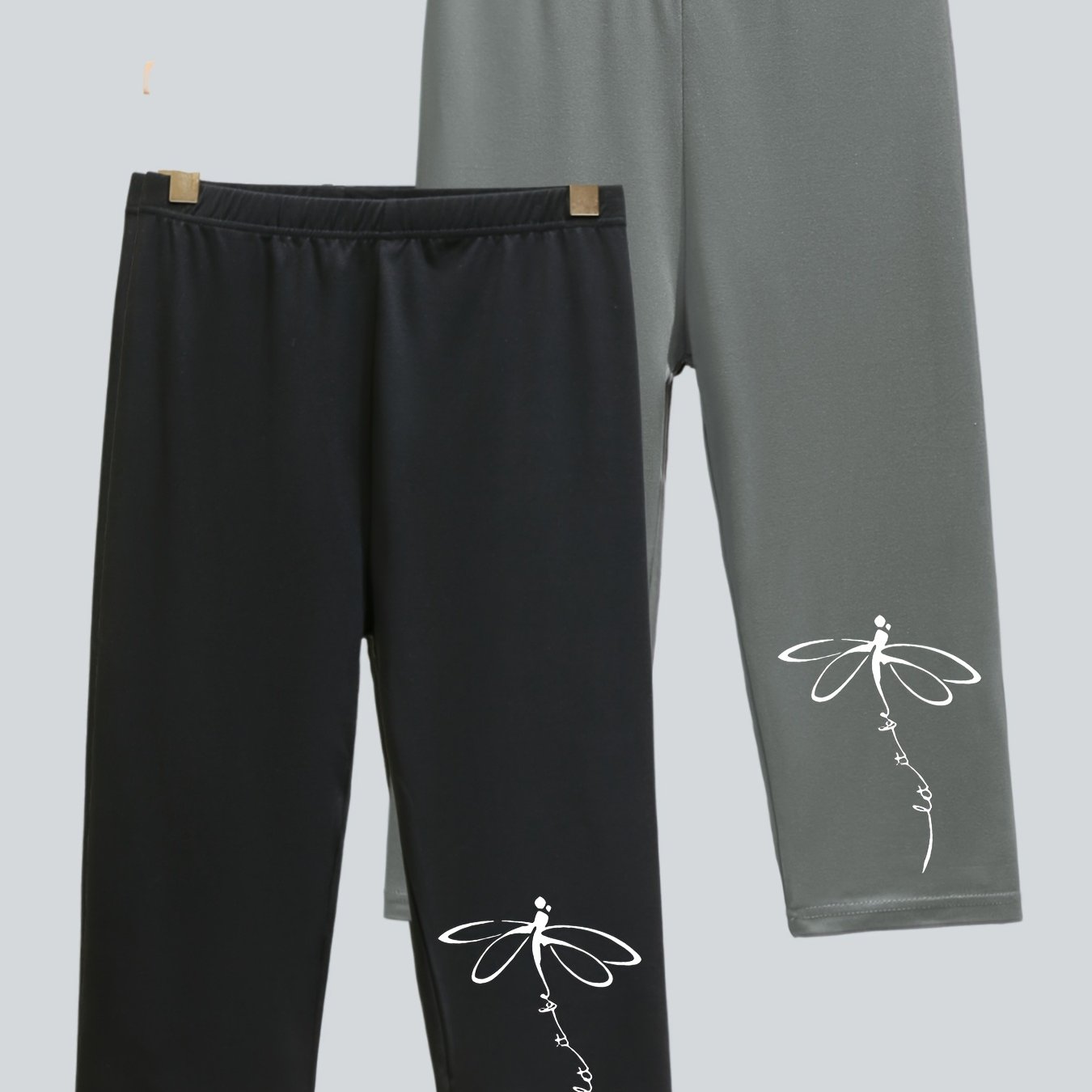 TEMU 2pcs Plus Size Women's Comfortable Jogging Capri Pants, Summer Sports Dragonfly Print Comfortable Leggings