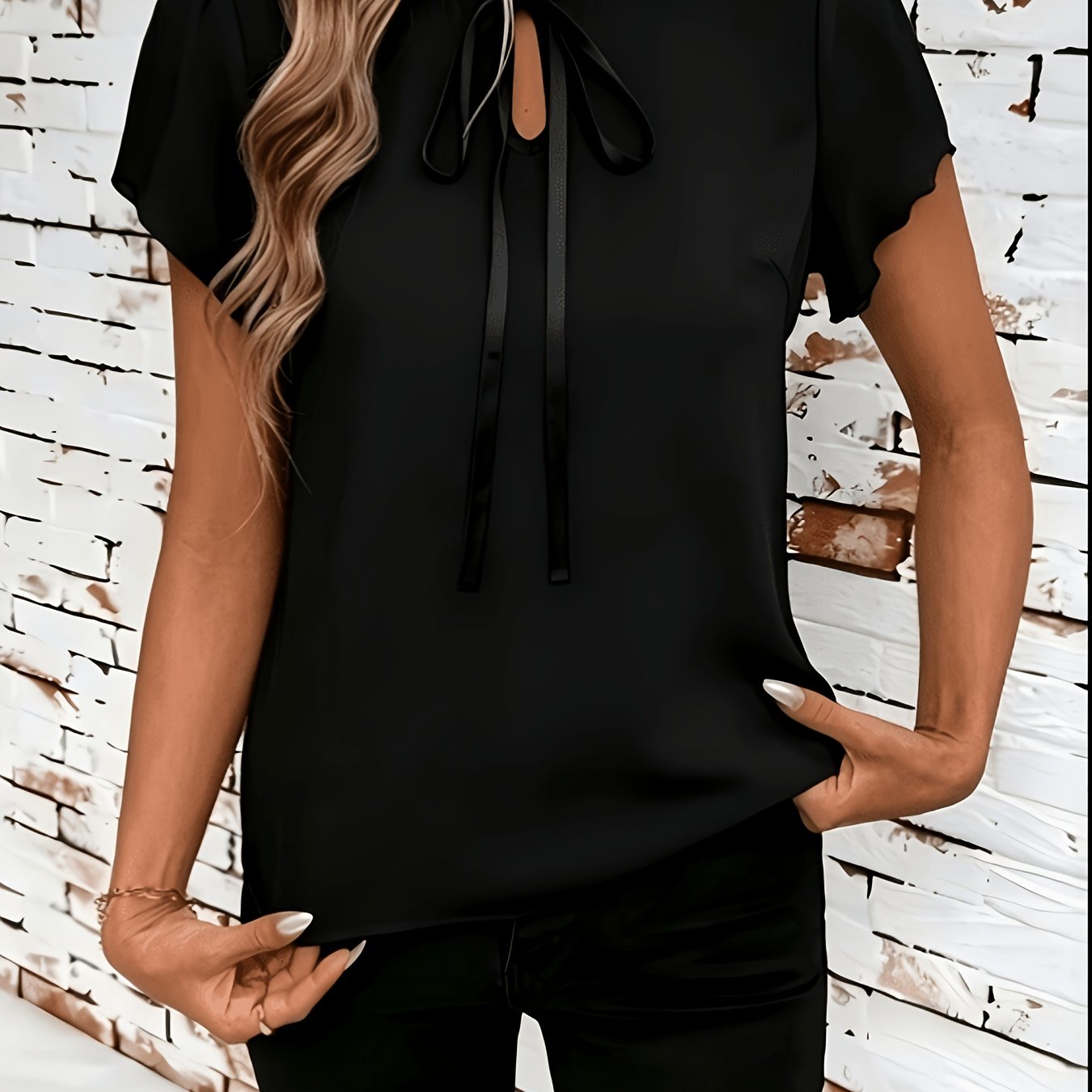 TEMU Women's Elegant Tear Drop Neck Tie-short Sleeve, Suitable For Spring And Summer Wear