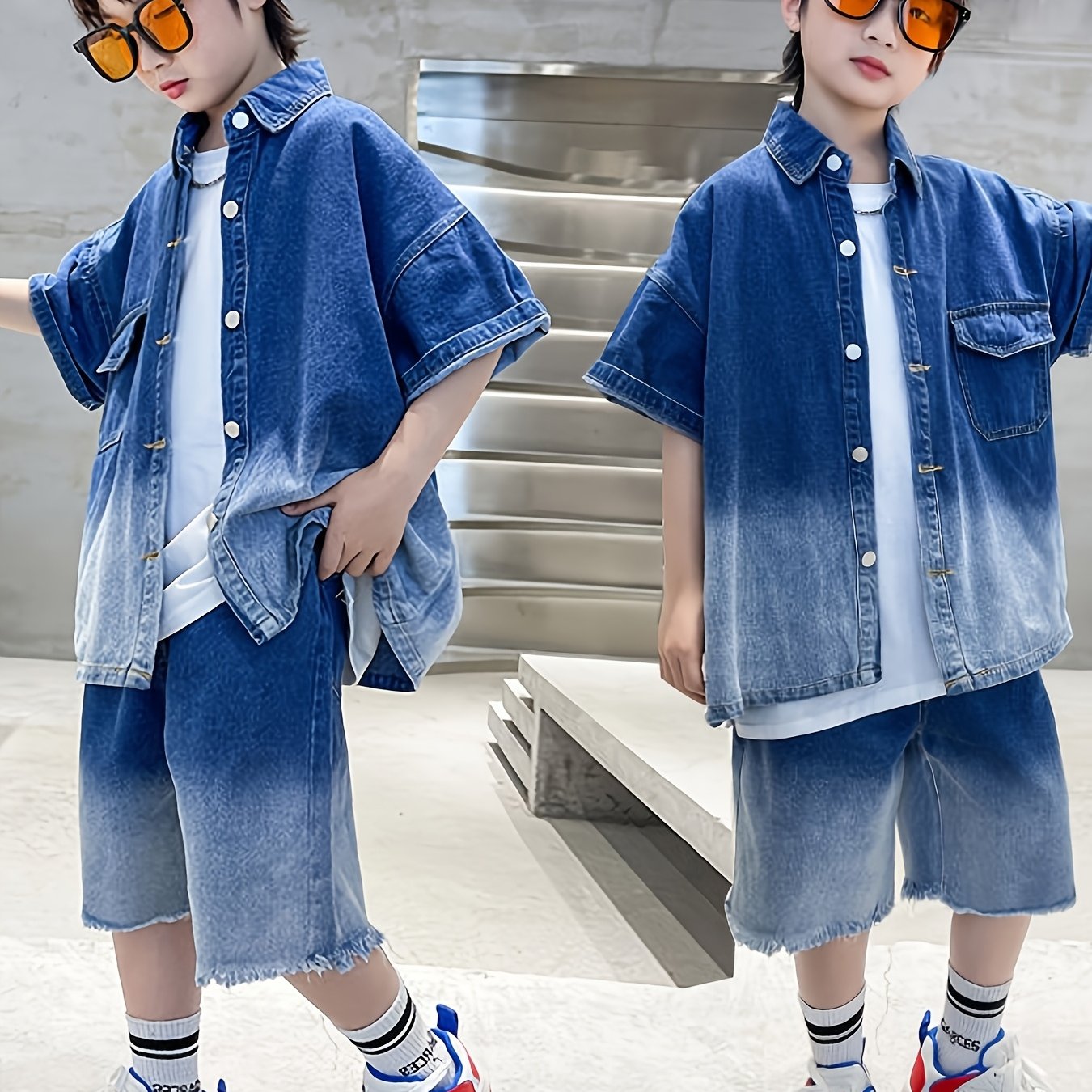 Image of Children's Denim Shorts And Short-sleeve Set, Summer Lightweight Jacket, Gradient Color Denim Shirt And Jeans, Perfect For Outdoor