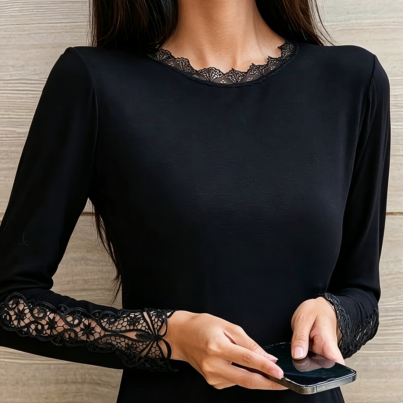 TEMU Haut de base à manches longues et col rond avec bordure en dentelle ondulée pour femme, T-shirt fin à manches longues et col bas avec patchwork