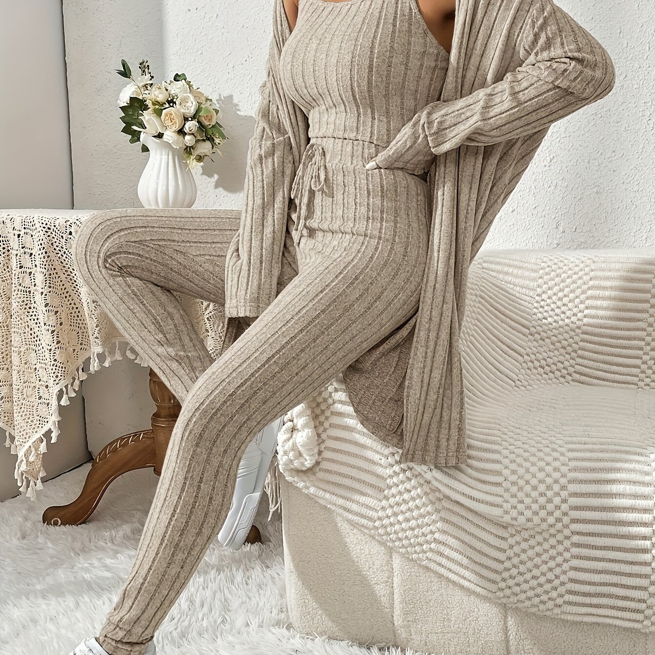 3pcs Women's Suit: Tailored Camisole With A Fashionable And Elegant Brushed Texture, Fitted Long Pants, And A Loose Long Coat