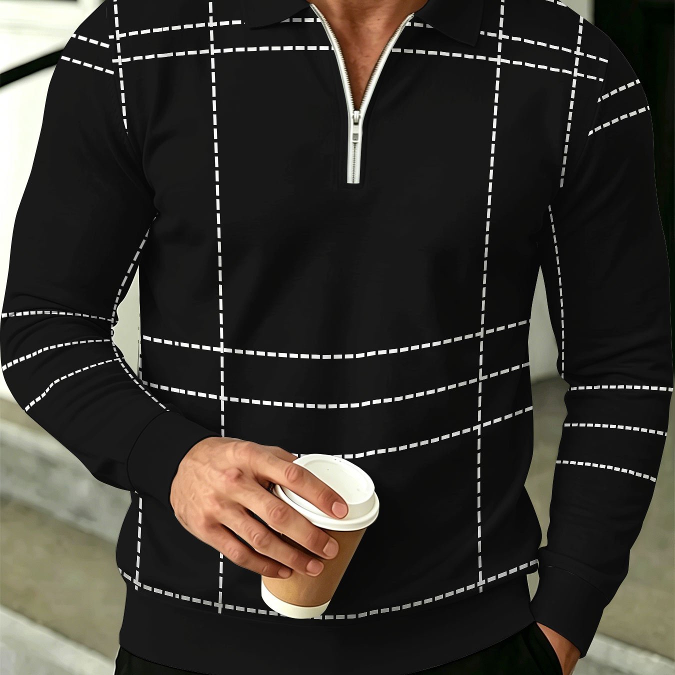TEMU Men's Lapel Half-zip Shirt, Geometric Vintage Style Casual Top, Suitable For Spring And Autumn Wear, Gift For Boyfriend