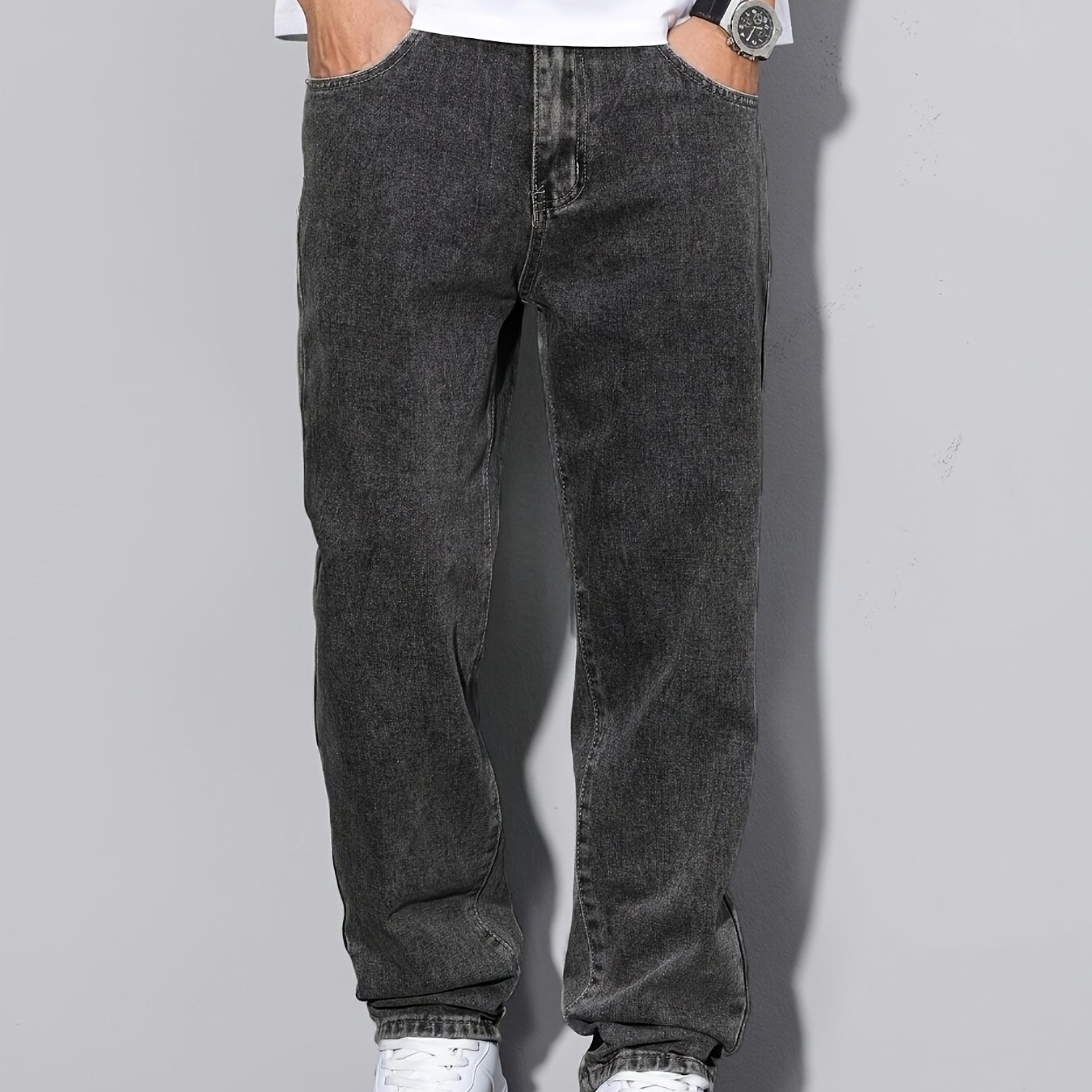 Men's Straight-leg Casual Jeans - Machine Washable Denim, Solid Color Regular Fit Wear For , Stylish And Versatile
