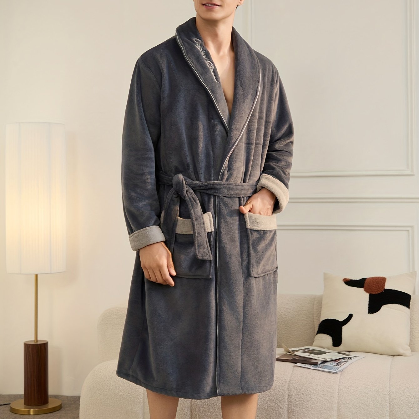 TEMU Men's Thick Flannel Robe | Long Sleeve Bathrobe With Belt, Soft Plush Winterrobe For Home, Spa, Travel - Cozy Fall/winter Sleepwear -