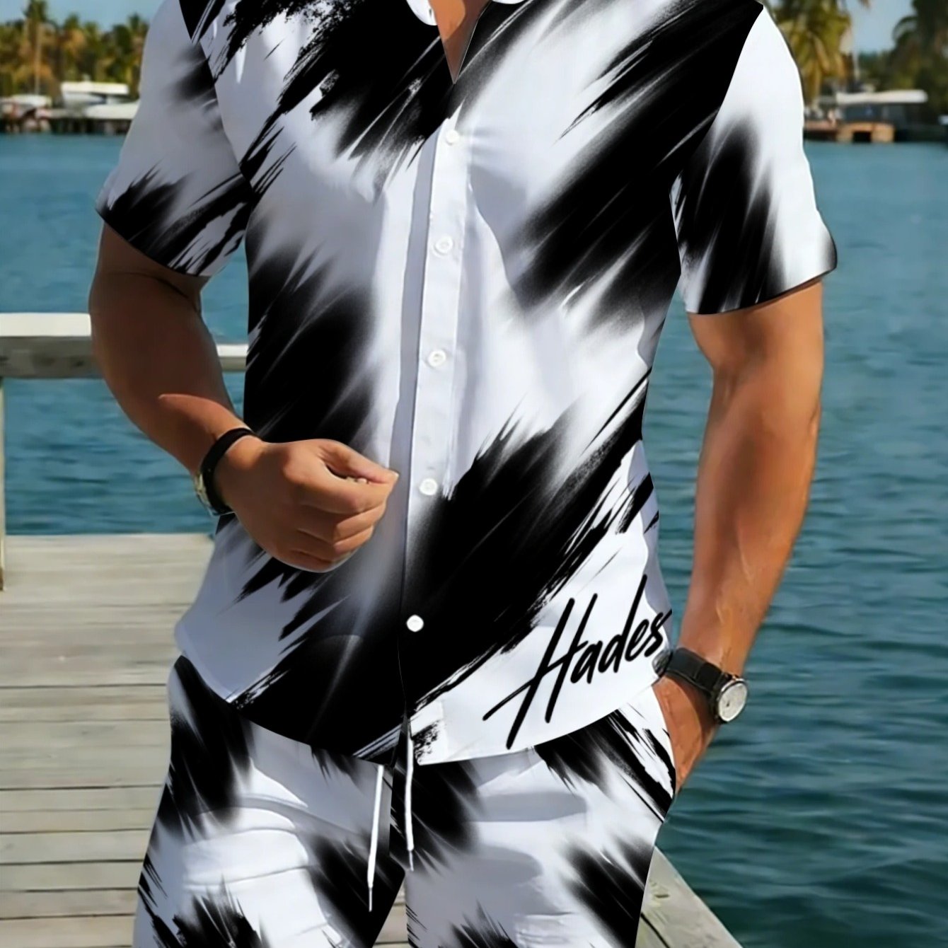 TEMU [printed Design Not Textured] Men's Short Sleeve Shirt And Pants Set In Black And White Abstract Print, Lightweight Polyester Fabric For B,