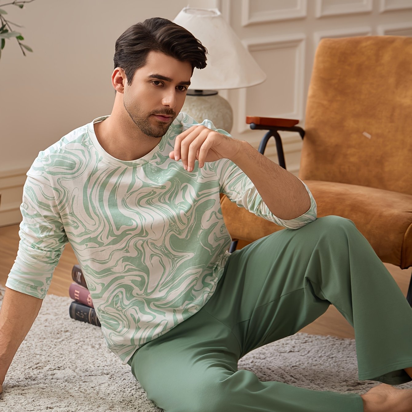 Image of Men's Pure Cotton Long Sleeve And Long Pants Pajama Set, Lightweight Casual Fashionable Loungewear For Spring And Autumn