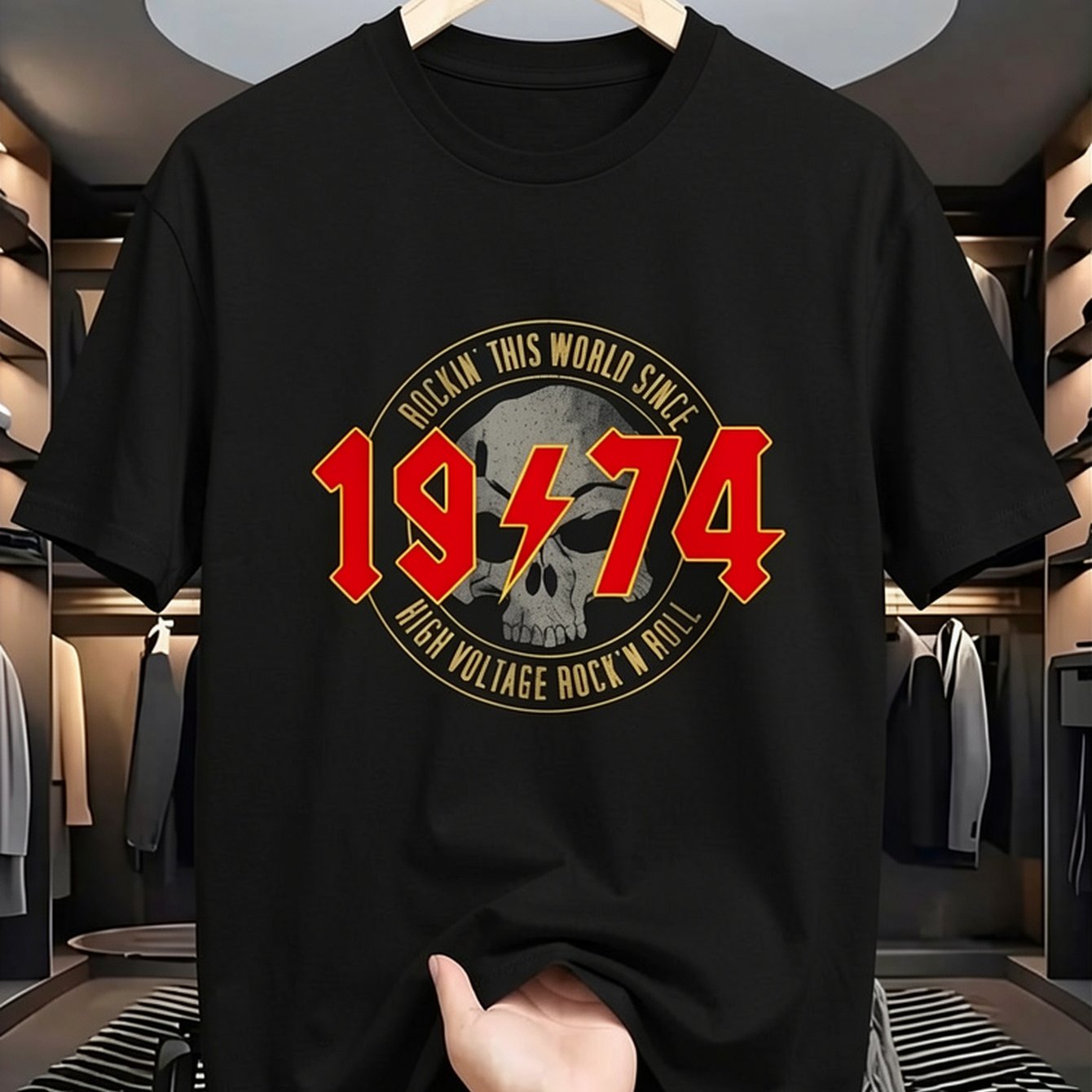TEMU Men's Vintage 1974 Band T-shirt - Tee With Red & Yellow Skull And Lettering, 100% Crewneck Short Sleeve, Sizes S-xxl For Concerts, Casual Wear &