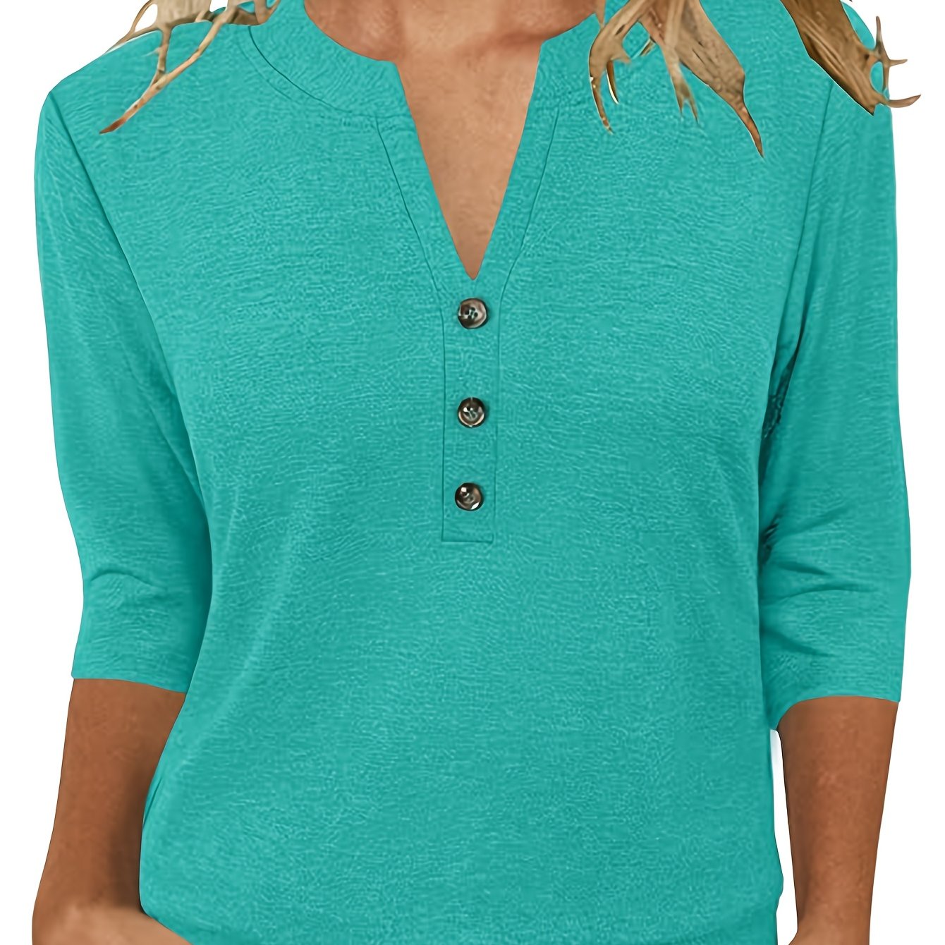 E-shop 2025 Westlicher Stil Damen 3/4 Ärmel V-Ausschnitt Bluse Lässiges Sommer Top mit Knopfleiste T-Shirt