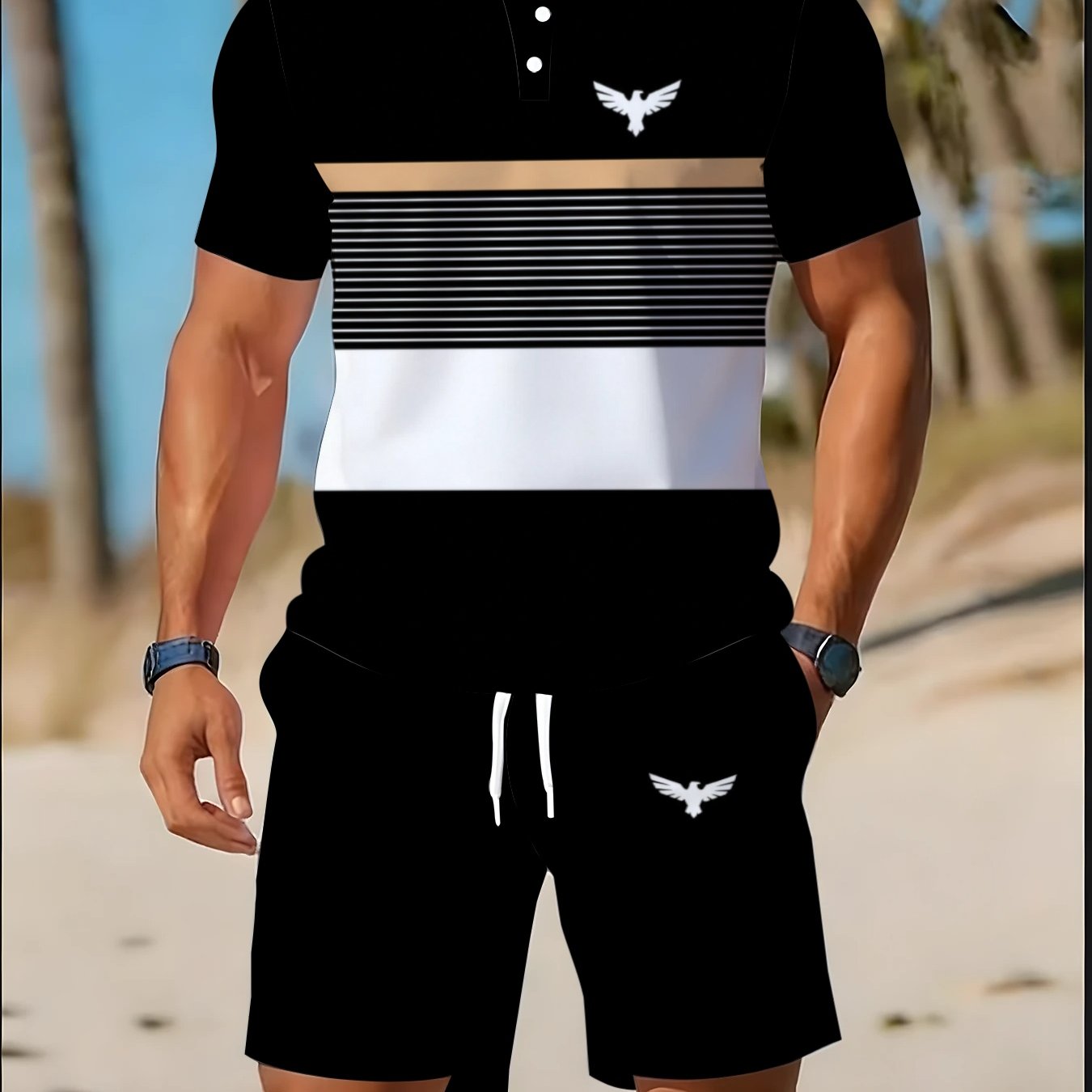 TEMU Ensemble d'été pour homme, polo légèrement extensible et short, motif géométrique, tenue décontractée ample, style à revers