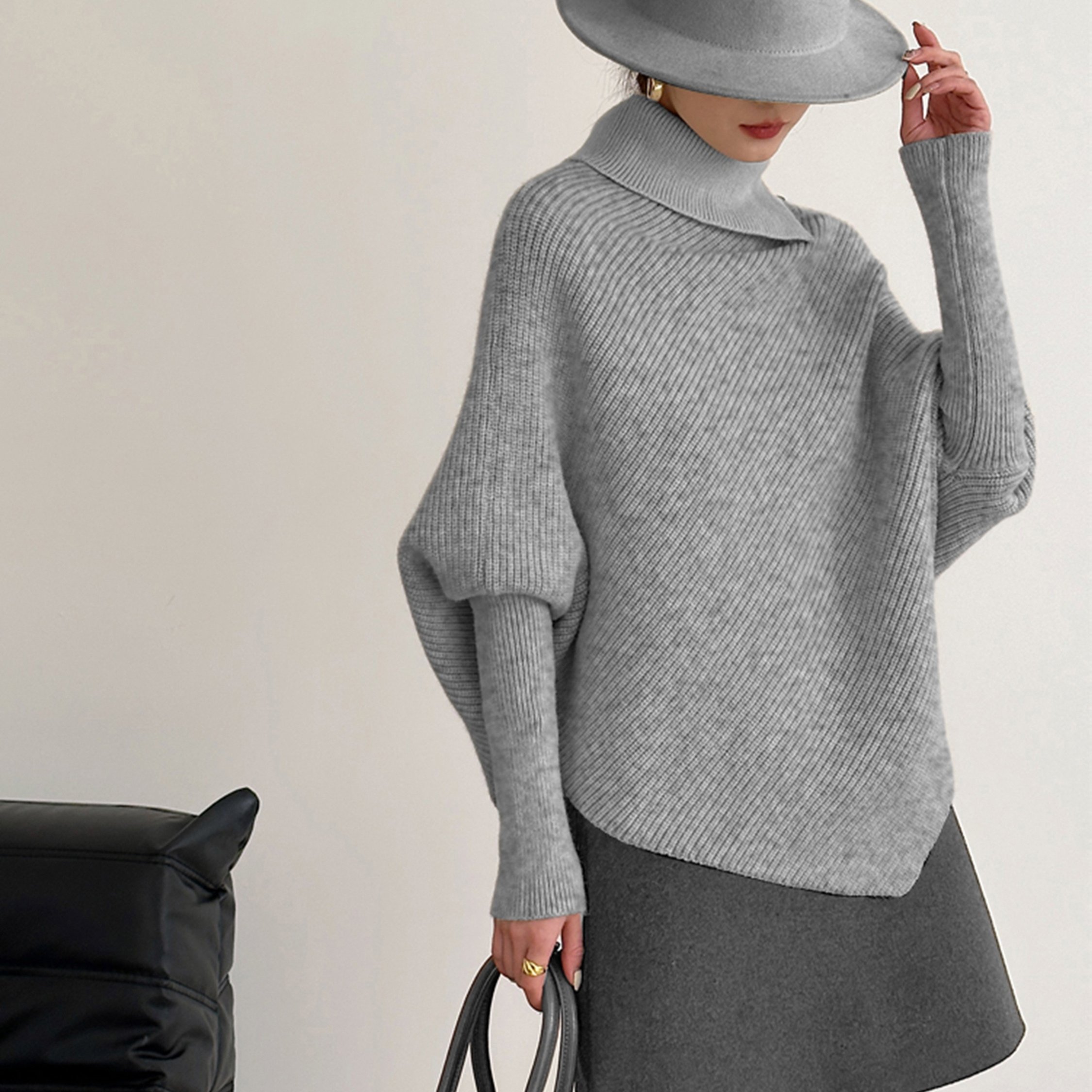 TEMU Eleganter Turtleneck-Pullover für Damen - Weiches, wolleähnliches Material mit asymmetrischem Saum und Flügelformen an den Ärmeln, bequemer,