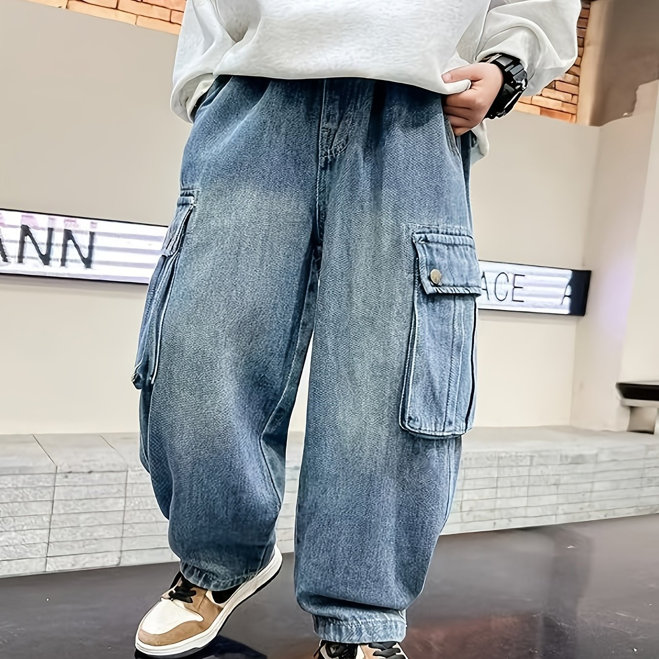 Boys' Fashion Workwear Jeans, Nostalgic Washed - Elastic Waist, With Pockets | Versatile Casual And Skate Style, Ideal For Outdoor Activities And Casual Wear