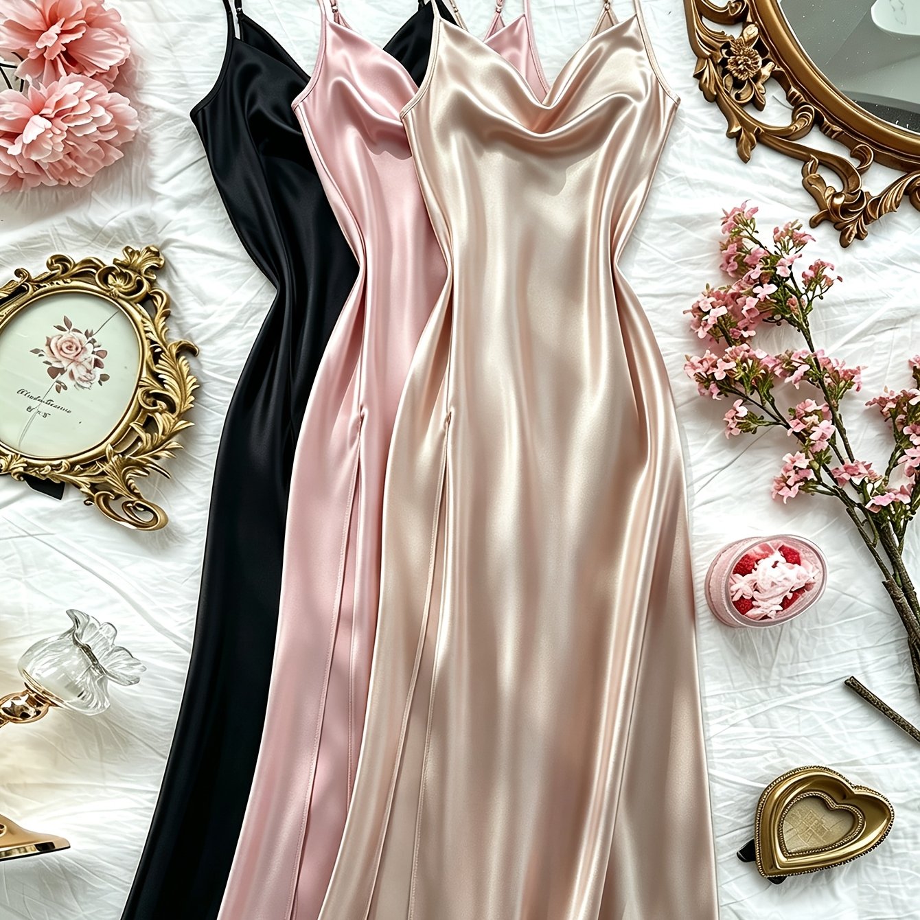 TEMU Solid Elegant 3pcs Set Camisole Dress Long Puff Neck Temperament Comfortable Nightgown