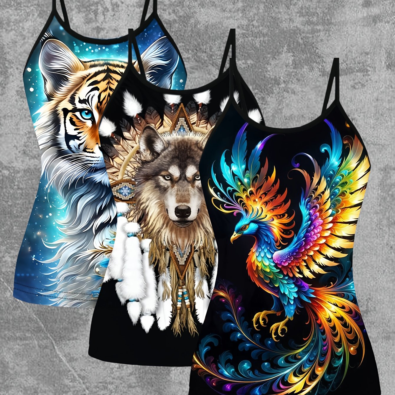 TEMU 3pcs Set Of European And American Women's Spring And Summer New Style Sleeveless Tank Top Featuring Digital Prints Of Tiger, Wolf, And Phoenix