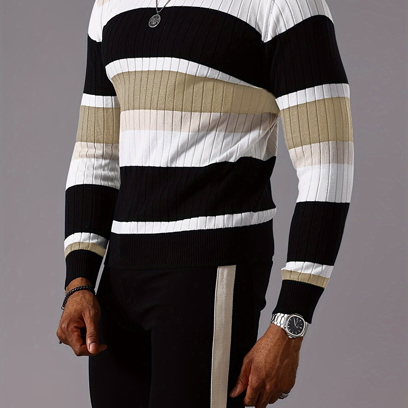 E-shop Gestreifter Farbblock-Rundhals-Langarm-Rippstrick-Pullover