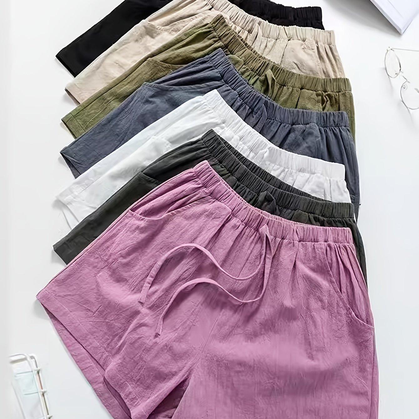 TEMU Set Of 7 Women's High-waisted -linen Summer Shorts, Casual Wide-leg Beach Shorts With Drawstring And Pockets, Lightweight Elastic Waist Pants