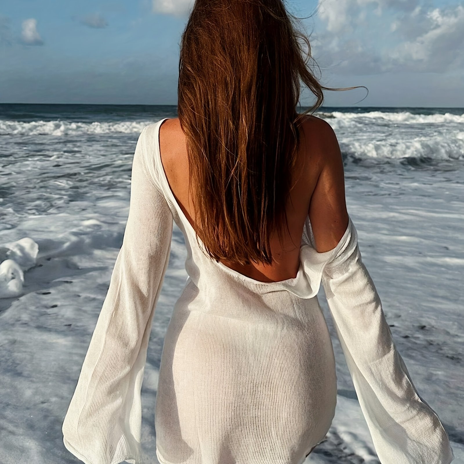 Image of Women' Backless Beach Dress With Long Sleeves - Casual Summer Dress For Beach And Pool, High Stretch Fabric, Round Neckline, Adult, Beach Attire | | Stretchy Fabric