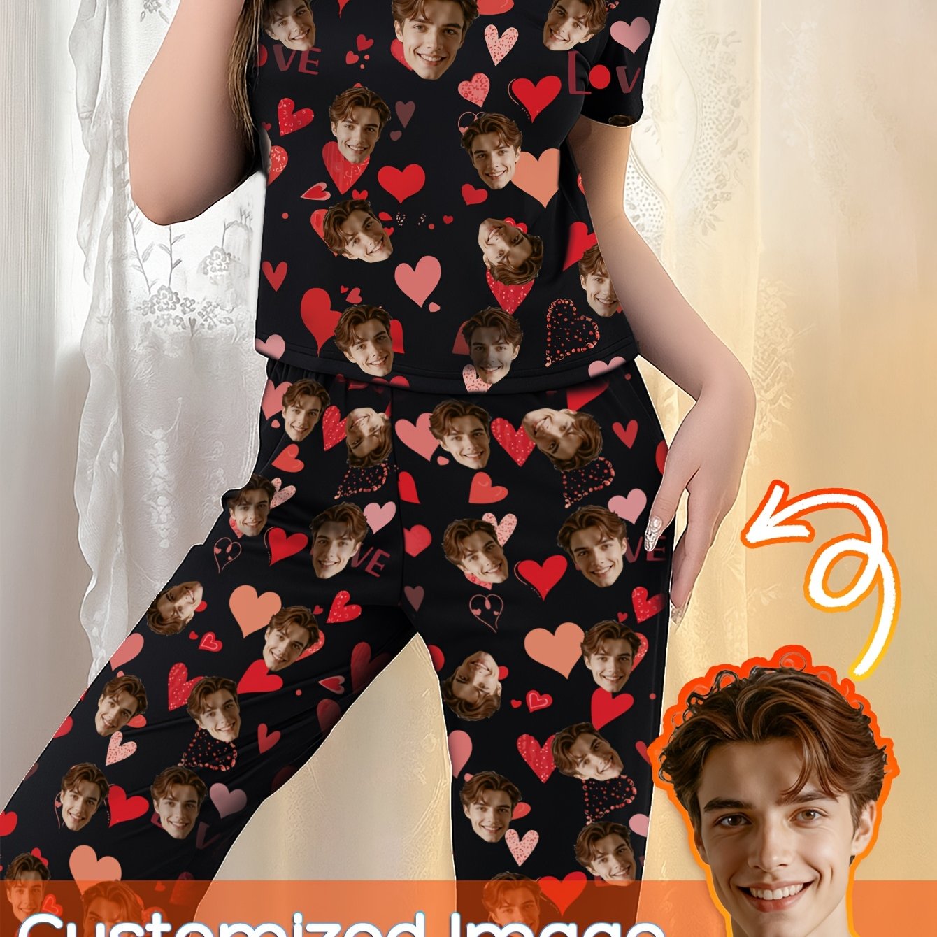 TEMU Ensemble de pyjama personnalisé pour femme 2 pièces à manches courtes et pantalon long avec photo de visage et motif de cœur – Cadeau