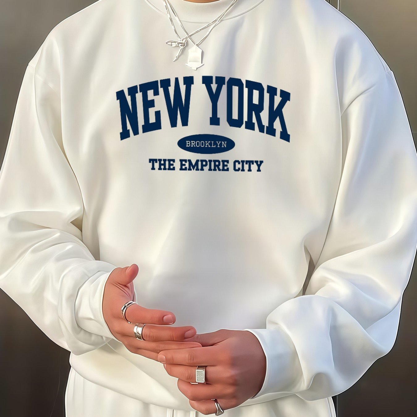 Image of Classic White Crewneck Sweatshirt With Nyc Graphic Design, Men's Loose Fit For And Style, Ideal For Fall/winter Casual Wear - Ships From Poland