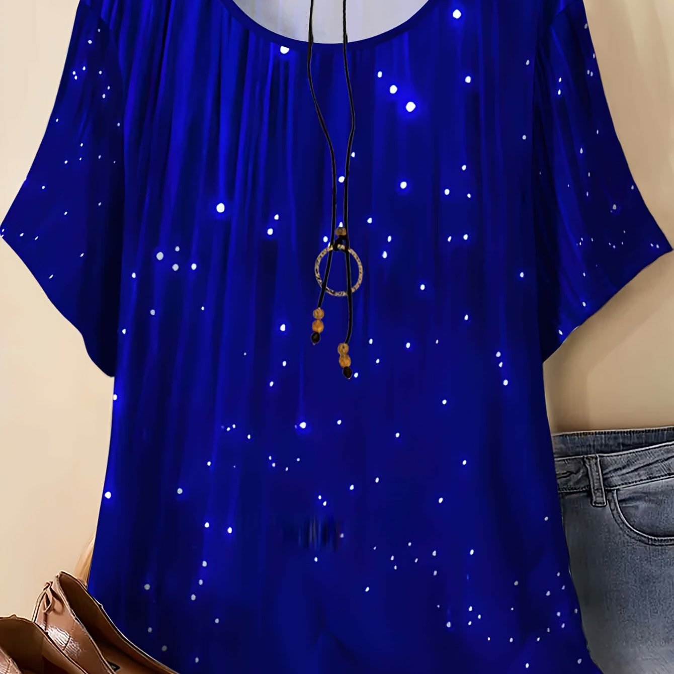 TEMU Plus Size Women's Starry Loose Short Sleeve Casual Round Neck T-shirt Plus Size Versatile Top