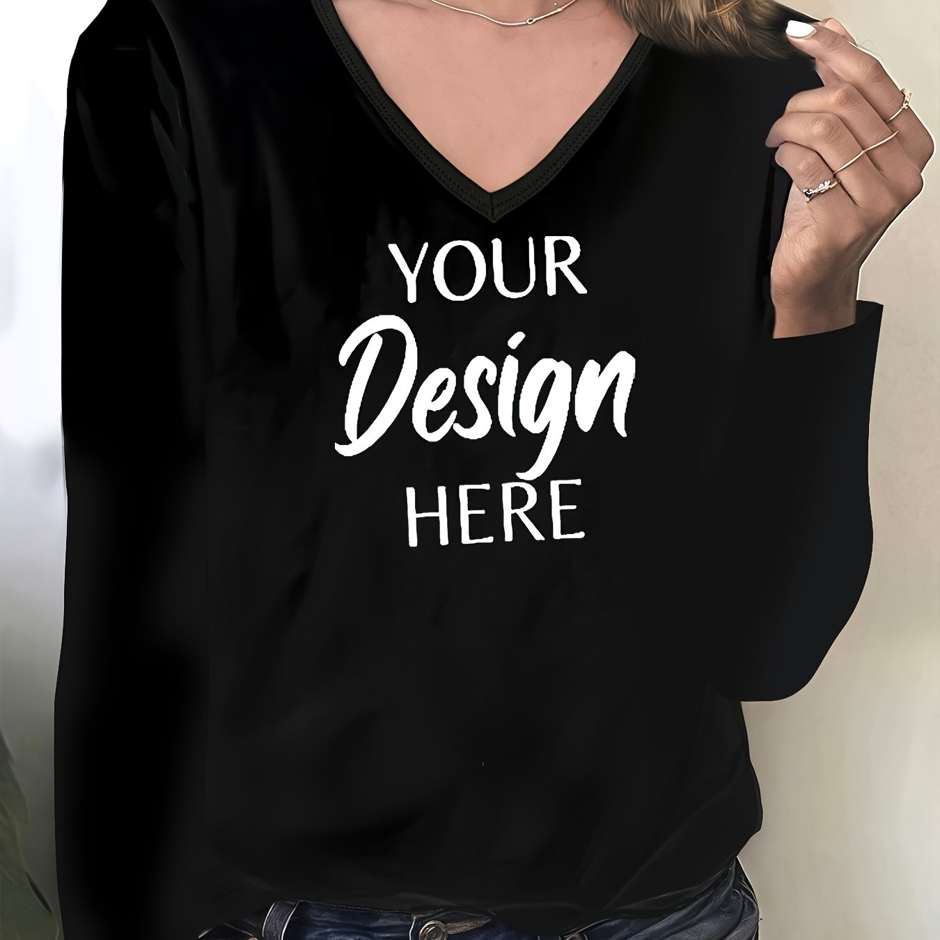 TEMU Custom Logo Pattern Fashion Women's V-neck Long Sleeve