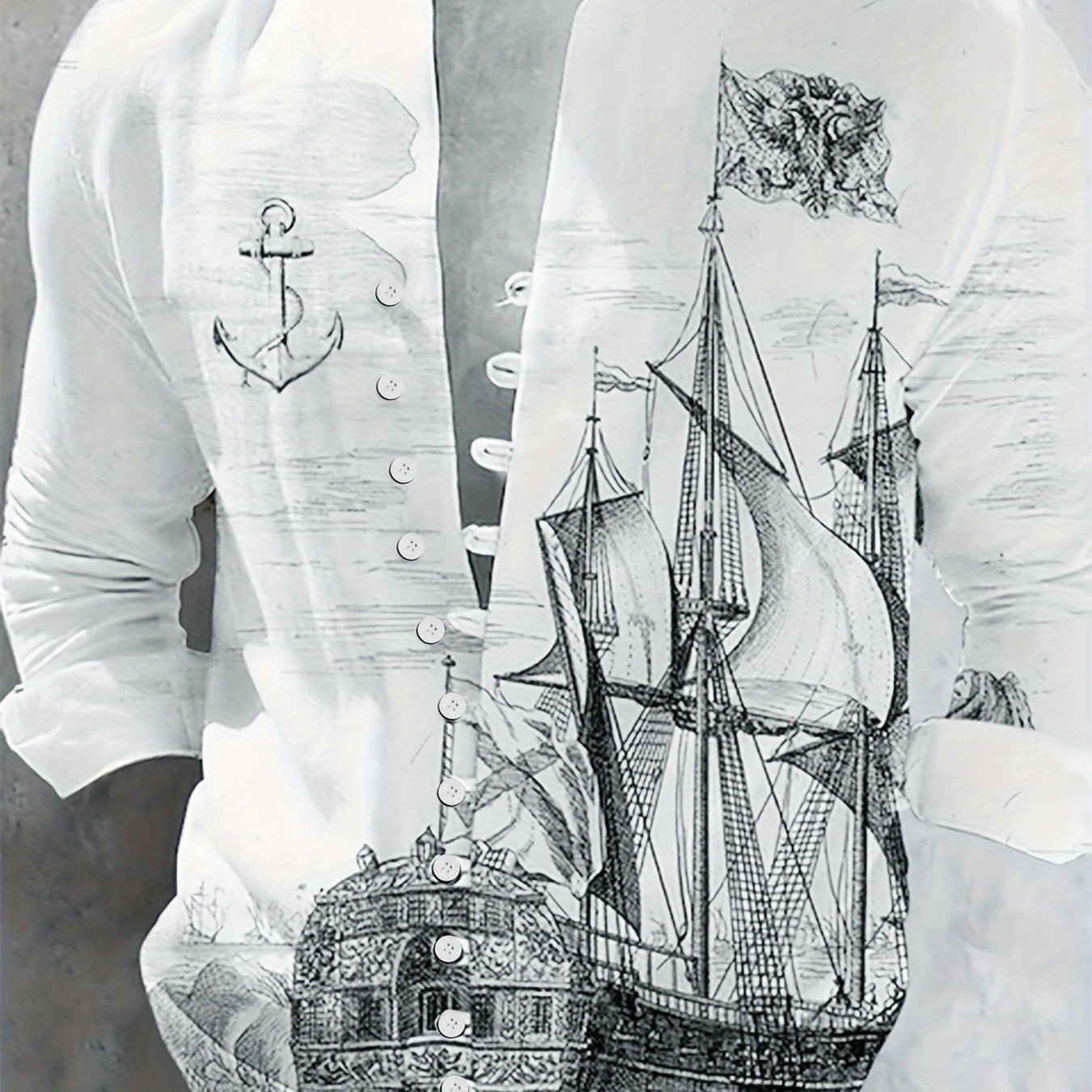 European And American Men's Shirt Lapel, Hand-drawn Sketch, Black And White Painting, Cruise Print Pattern, Long Sleeve, , Button- Clothing, Clothing, , Casual Shirt