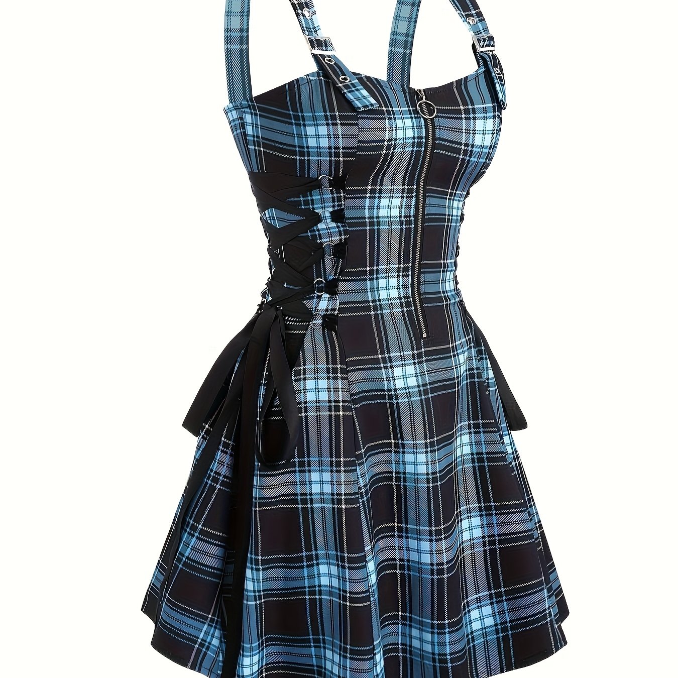 TEMU Robe Chic Femme à Carreaux avec Fermeture Éclair et Ceinture, Décolleté Épaule Dénudée Décontractée