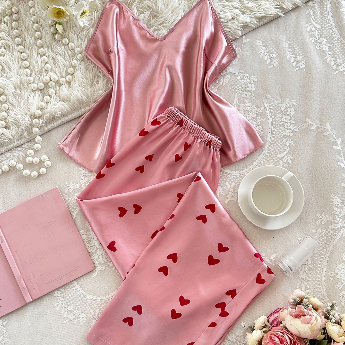 TEMU Love Print Sweet Comfortable V-neck Pajama Set 2pcs Wear