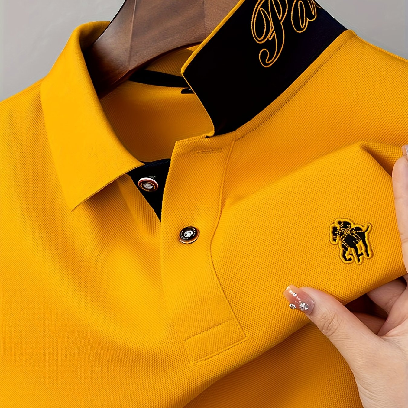 Image of Men's Stylish Short-sleeve Shirt Featuring A Contrasting Ribbed Collar And Exquisite, A And Versatile , Autumn, Preppy, Regular Fit, Breathable, Daily