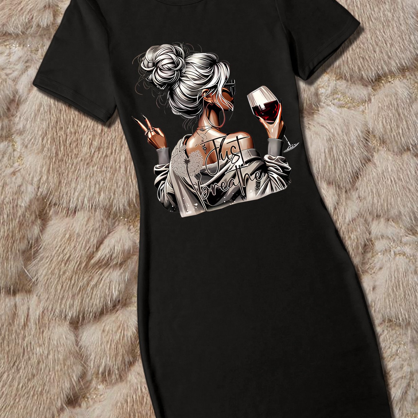 Image of Women's Fashionable, Casual, Elegant, And Simple Letter Print Round Neck Short Sleeve Sexy Bodycon Dress, Chic And Elegant, Suitable For Christmas And Valentine's Day Gifts