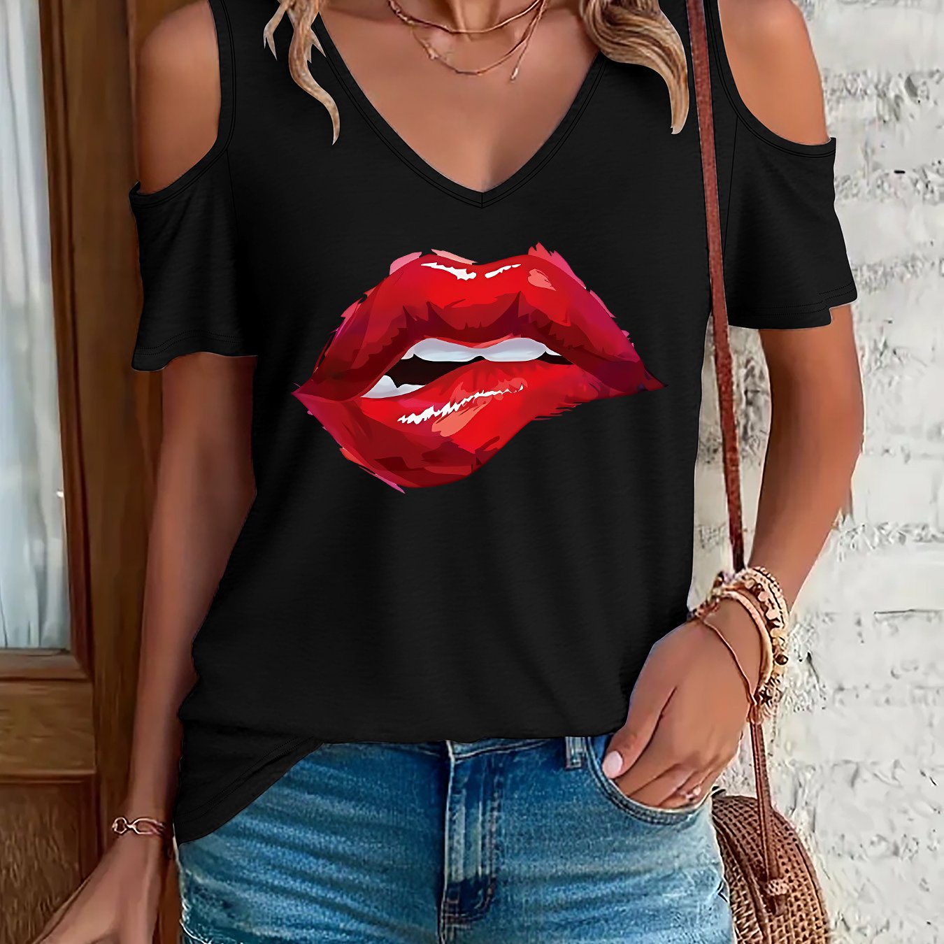 TEMU Graphic Print T-shirt, Short Sleeve V Neck Casual Top For Summer & Spring, Women's Clothing