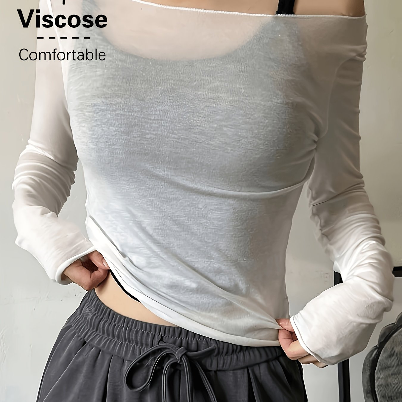 E-shop Damen Off-Shoulder Elegantes Lockeres Transparentes Bluse, Y2K Top, Damenbekleidung