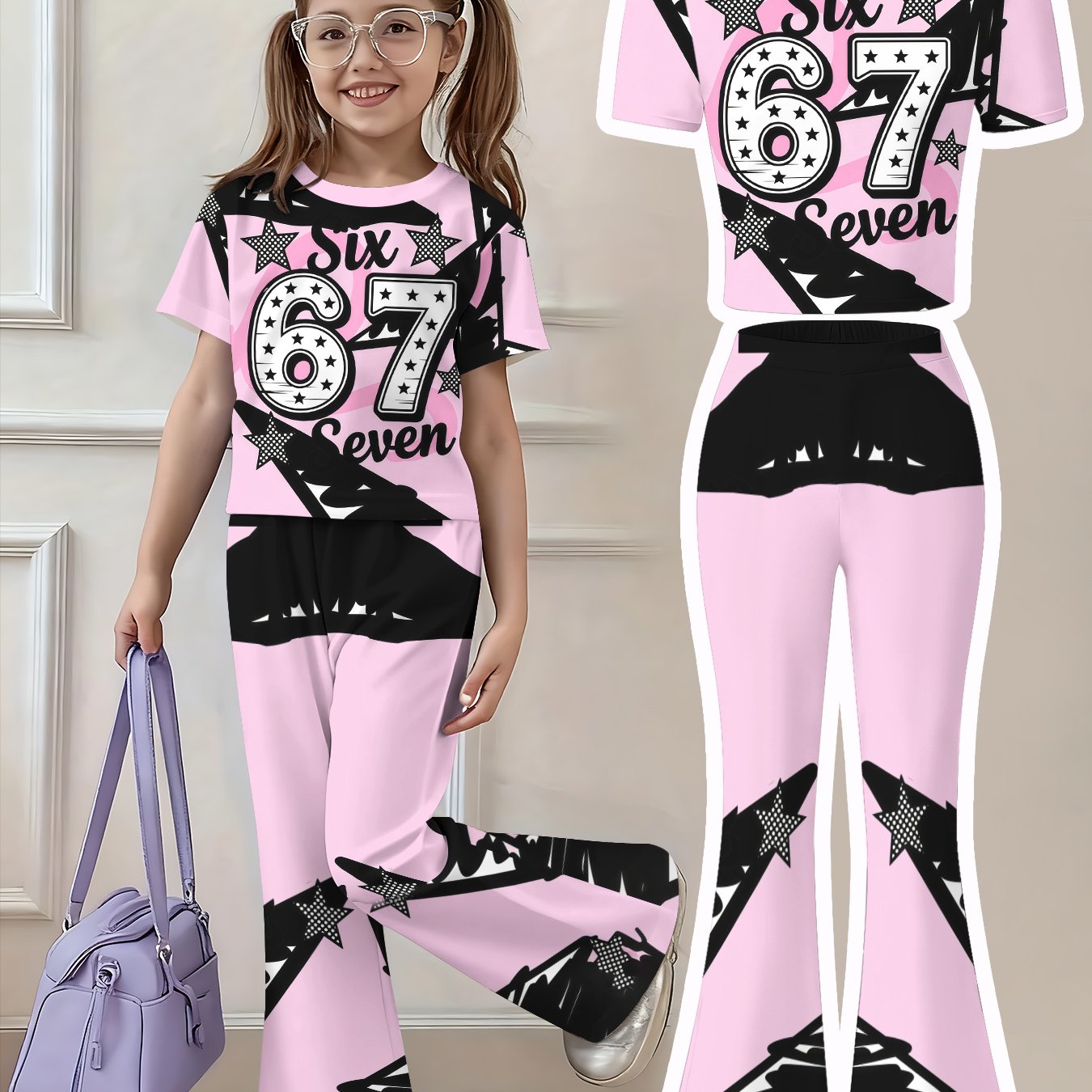 Image of A Stylish Outfit For Girls, Featuring A Short-sleeve T-shirt And Flared Pants, Perfect For A Cute And Casual Look, For Outdoor, Christmas, Halloween