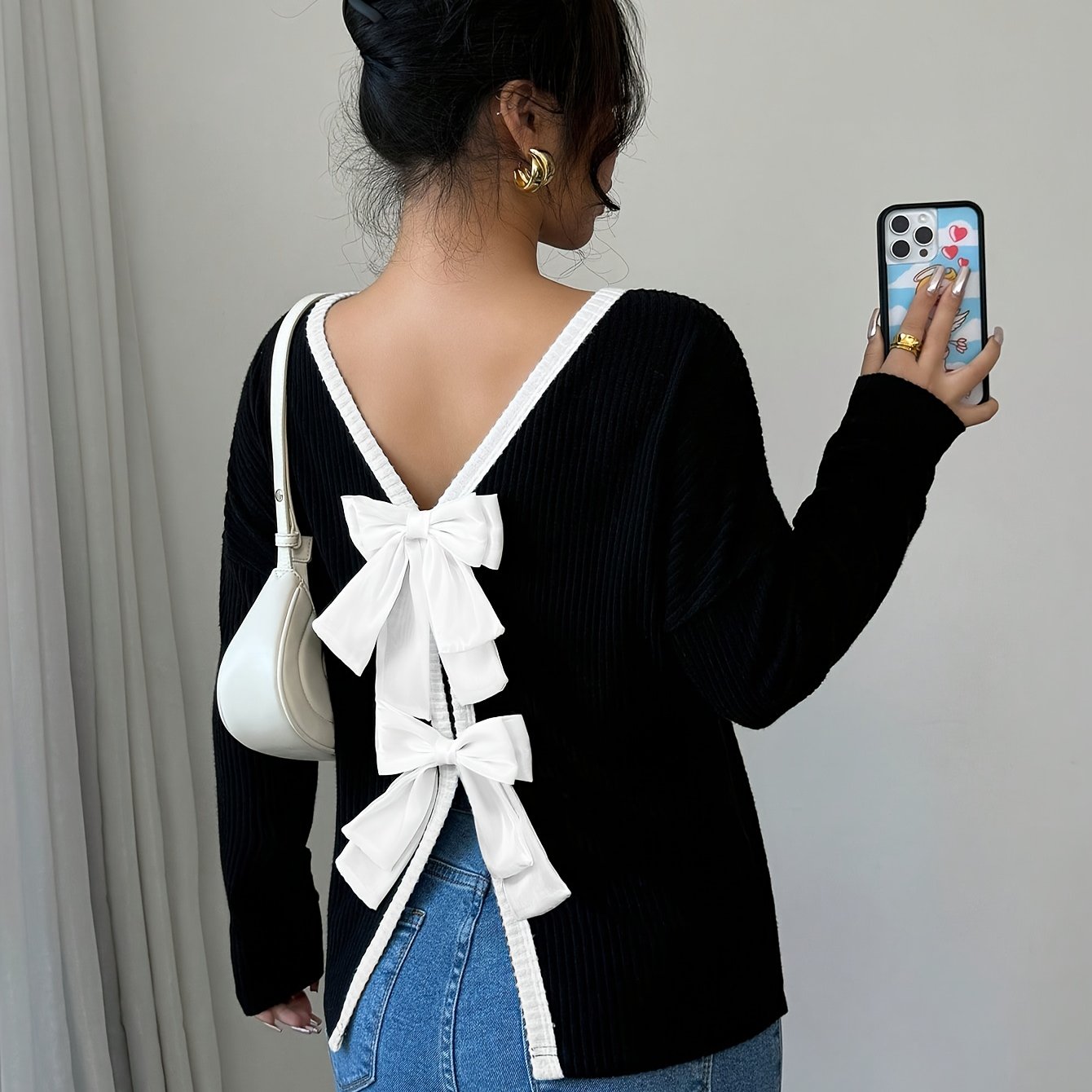 TEMU T-shirt élégant et stylé à manches longues et côtes pour femme avec nœud papillon dans le dos