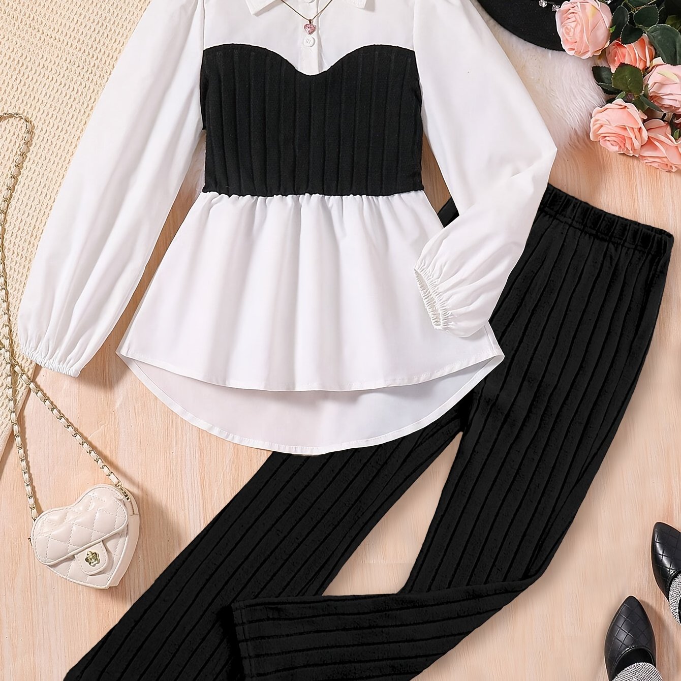 TEMU Girls' Fashion Black And White Long Sleeve Top With Casual Pants Two-piece Set, Perfect For Outdoor