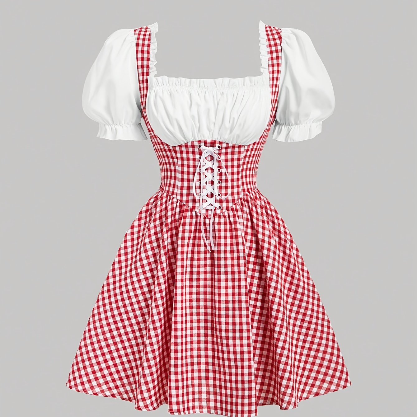 TEMU Retro Women's Dress Webbing Bow Sweet Cute Jk Romantic Elegant Dating Puff Sleeve Short Skirt Versatile Slim Color Block Stitching Pretty
