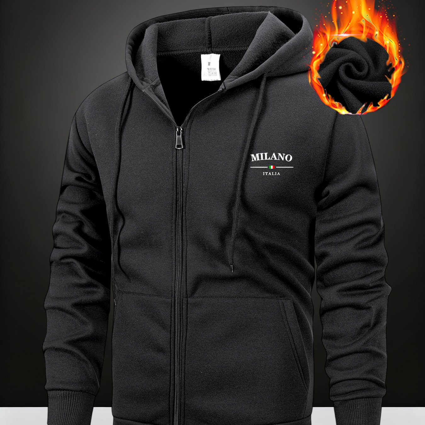 TEMU Men's Full-zip Italy Lettering Hooded Jacket - Winter-ready Thickened , Long Sleeve Zipper Coat With Front Pocket & Hood, Casual Outerwear For