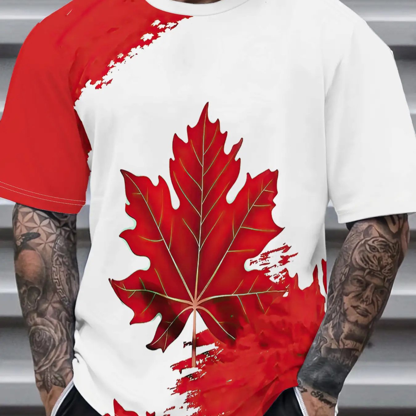 TEMU T-shirt à manches courtes imprimé motif feuille d'érable pour homme, TAILLE PLUS