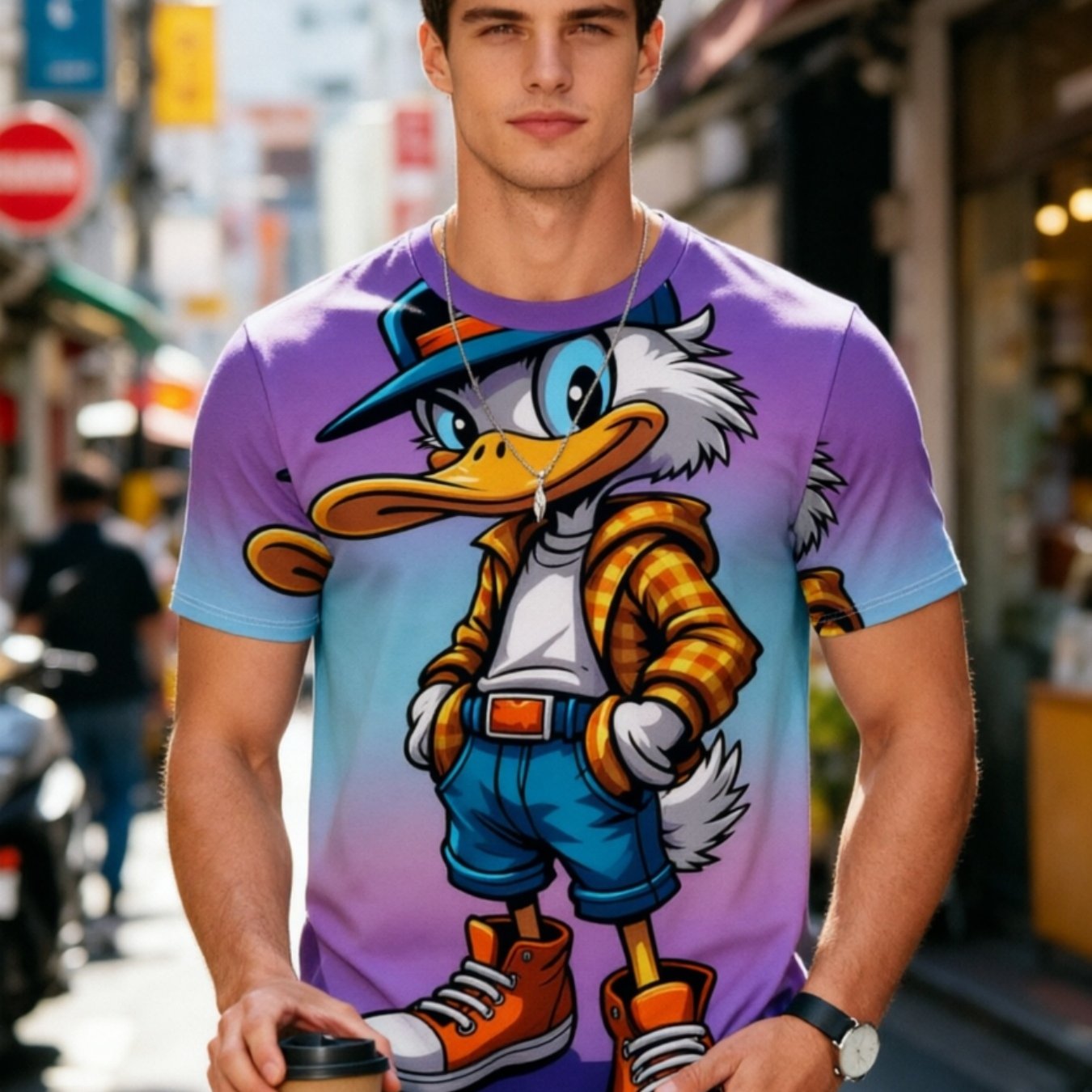 TEMU Men's Summer Streetwear, Trendy Fashion Cartoon Duck Print, Trendy , Outdoor Casual Top, Casual Fashion Outfit, Machine Washable