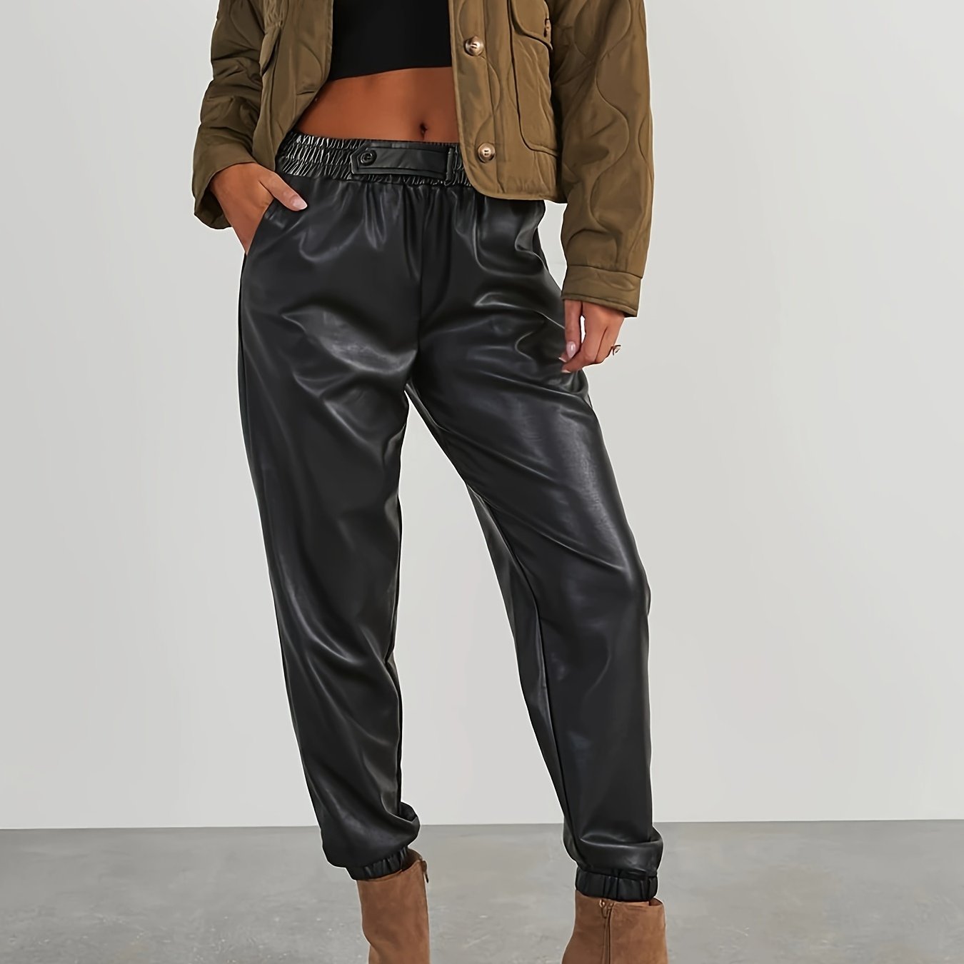 Women's Fashion Pu Elastic Waist Drawstring Single-button Casual Jogger Pants, Women's Clothing, Women's Trousers