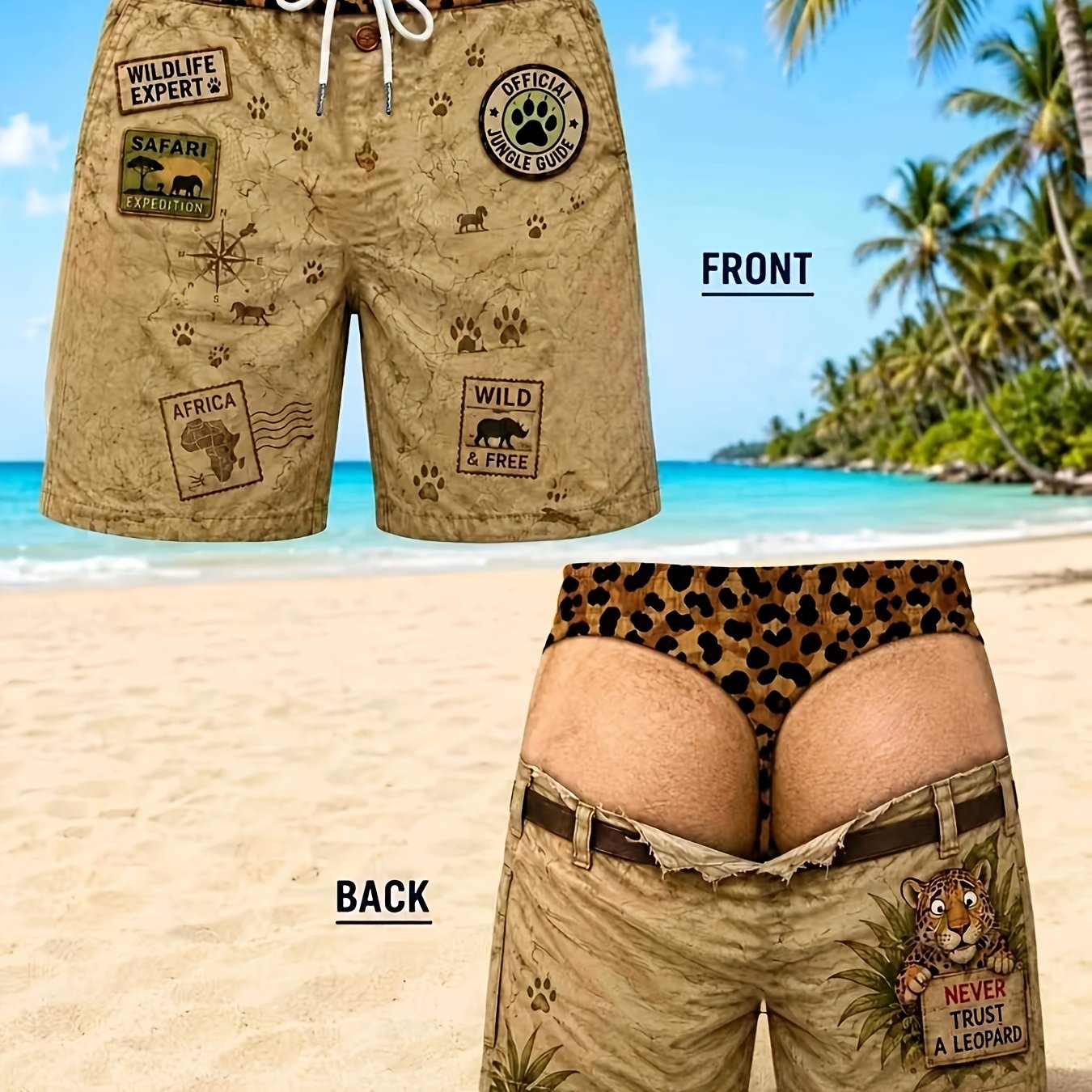 TEMU [printed Design Not Textured] Plus Size Wildlife Men's Beach Shorts, Leopard Print Waistband Pattern Swim Trunks, With Fun Fake Visual Illusion,
