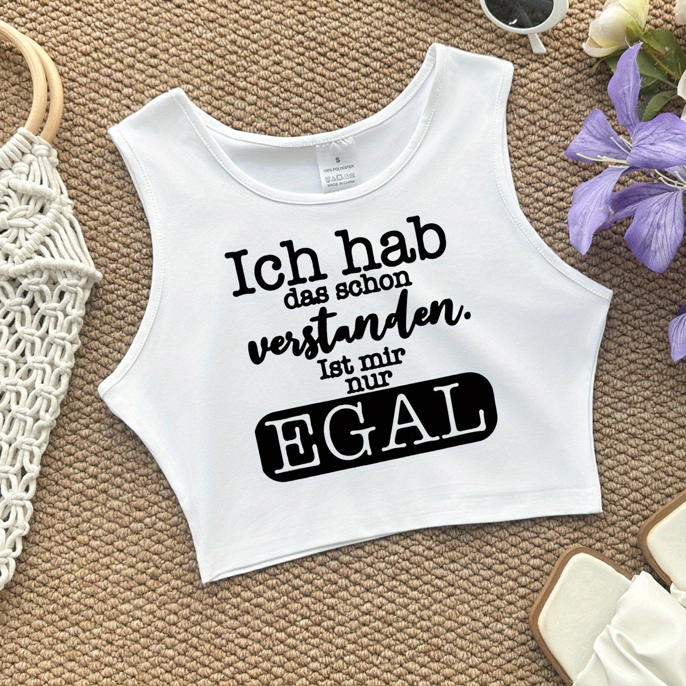 E-shop Crop Tanktop mit englischem Aufdruck, ärmelloses Freizeit-Top für Sommer & Frühling, Damenbekleidung