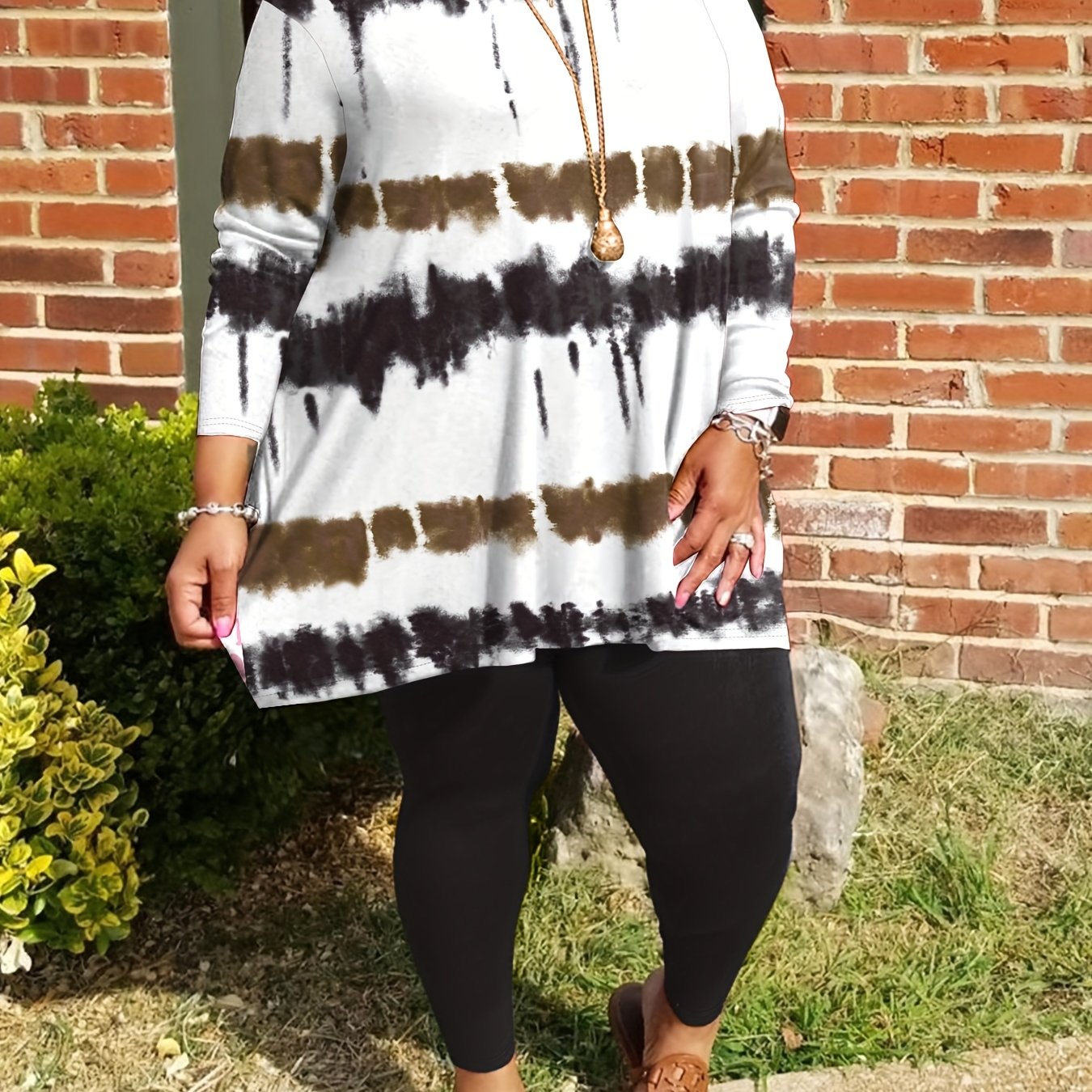 TEMU Plus Size - Plus-size Fashion Tie-dye Striped Print Long-sleeved Trousers Suit, Suitable For Going Out