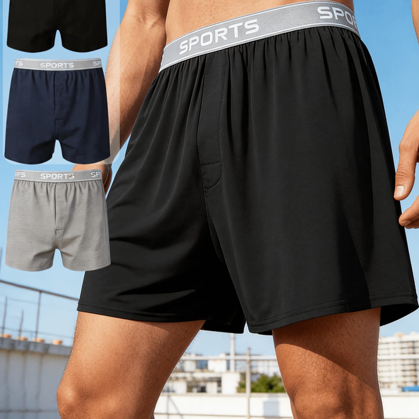 TEMU Random 3pcs Men's Boxer Shorts, Lettered Waistband Design, Fashionable And Easy Solid Color, Loose Home Casual Sports Shorts, Worn Outside