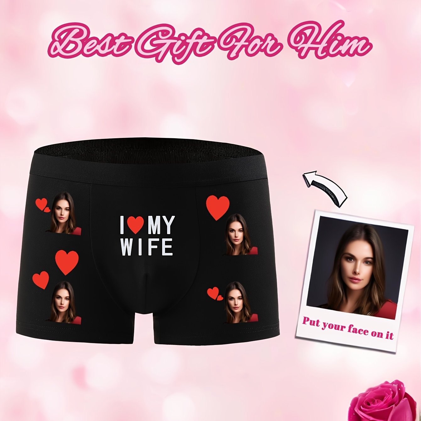 TEMU 1pc Sous-vêtement personnalisé pour homme avec impression de photo de visage, , personnalisation personnalisée, convient pour petit ami mari,